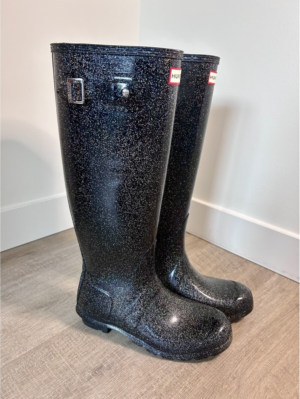 Hunter Original Tall Starcloud Glitter Rain Boot Black Women's Size 8